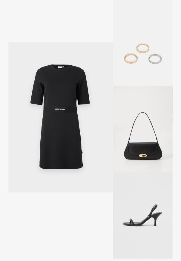 Czarna sukienka o krótkich rękawach sięgająca kolan, z okrągłym dekoltem i nadrukowanym logo "JOOP! JEANS" na pasku w talii.; Czarne skórzane sandały na wysokim obcasie z cienkim, zakrzywionym obcasem i skrzyżowanym wzorem pasków. Regulowany pasek na kostkę. Gładka faktura.; Czarna skórzana torebka o zaokrąglonym kształcie, z metalowymi elementami w kolorze złotym i górnym uchwytem. Posiada eleganckie zapięcie i gładką fakturę.; Trzy metalowe pierścienie: jeden w różowym złocie, jeden złoty z teksturowanymi akcentami, oraz jeden srebrny, wszystkie z wygrawerowanym brandingiem na wewnętrznej stronie.