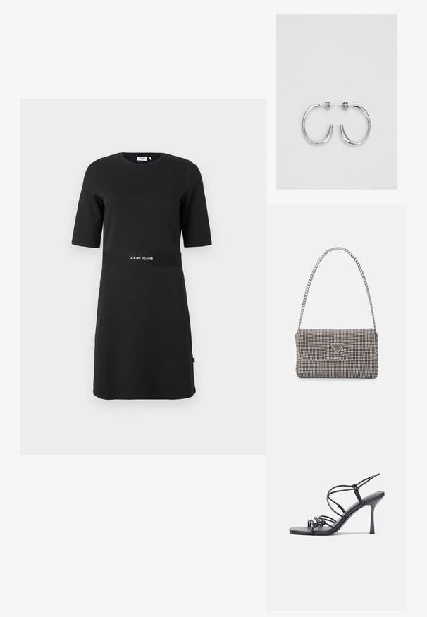 Must lühikeste varrukatega põlveni ulatuv kleit, ümmarguse kaelusega ja "JOOP! JEANS" logo trükitud vööle.; Mustad musta värvi kontsandaalid on varustatud peente rihmadega, millel on sõlmekujundus, siledad ruudukujulised varbad ja stiilne stilettokonts.; Helehall metallik handbags, millel on kett, kaunistatud väikeste ümmarguste metallist õmblustega ja kolmnurkse brändi logoga.; Hõbedased rõngaskõrvarõngad, millel on sile ja läikiv pind. Ümar kuju, kerge disain, millel on post-tagumise kinnituse süsteem.