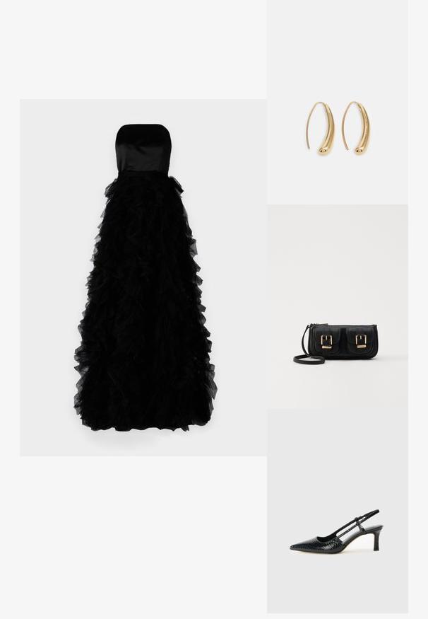 Ida Sjöstedt FRANCES GOWN - Ballkleid - black; Schwarze Lack-Slingback-Pumps mit spitzem Zehenbereich, versehen mit strukturiertem Schlangenprint, verstellbarem Riemen und einem kurzen, strukturierten Blockabsatz.; Schwarze Leder-Umhängetasche mit zwei vorderen Taschen, goldenen Schnallen, Reißverschluss und einem schmalen Tragegurt. Texturierte Oberfläche und kompakte rechteckige Form.; Goldfarbene Metall-Hoops mit einer geschwungenen, länglichen Form. Sie verfügen über eine glatte, glänzende Oberfläche und eine abgerundete Spitze für zusätzliche Details.