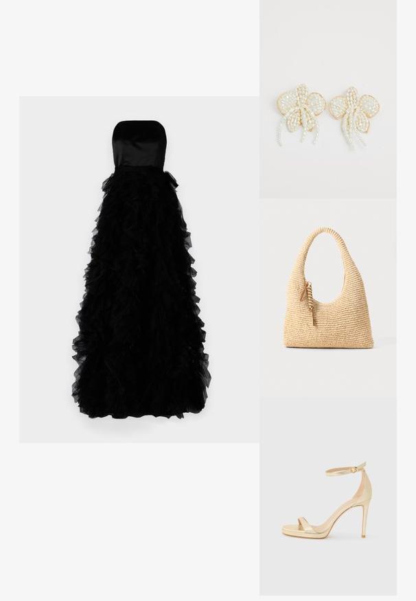 Ida Sjöstedt FRANCES GOWN - Ballkleid - black; Goldfarbene metallische High-Heel-Sandale mit offener Zehenpartie, Knöchelriemen mit Schnalle und einer Plattformsohle für zusätzliche Höhe. Glatte Textur.; Geflochtene beige Handtasche mit einem geschwungenen Griff, strukturiertem Oberflächen und einem braunen Quasten-Detail. Hat eine lässige Hobo-Form.; Perlenblumenohrringe mit goldenen Akzenten. Jedes Blatt ist mit kleinen, runden Perlen in einem floralen Design angeordnet, ergänzt durch herabhängende Perlendetails.