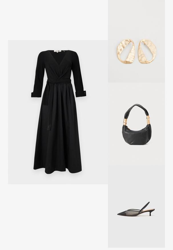 Crna duga haljina s V-izrezom, dugim rukavima i vezanim pojasom. Izrađena od glatkog materijala s punom suknjom i rukavima s manžetama.; NEOUS IRENA - Klasične cipele s visokom petom - black; Crna kožna torba s okruglim oblikom, mekim teksturom i čvorastom ručkom s zlatnim metalnim detaljima. Zatvaranje na patentni zatvarač.; Par zlatnih metalnih naušnica nepravilnog ovalnog oblika s teksturiranom, blago kovanom površinom na bijeloj pozadini.