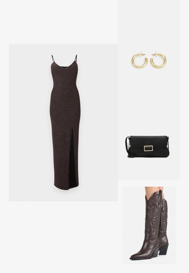 Spīdīgs, bez piedurknēm, maksi kleita tumši bordo krāsā ar augstu spraugu līdz augšstilbam, ar plānām melnām siksnām un pieguļošu siluetu.; Brūni ādas kovboju zābaki ar norādītu purngalu un blokveida papēdi, ar detalizētu šūšanu un paceltiem akcentiem uz kājas daļas.; Melnas ādas saķeres soma ar atloku un zelta metāla sprādzi. Ietver melnu siksnu un elegantu, minimālistisku dizainu.; Zelta auskari ar gludu, spīdīgu apdari. Apaļš dizains, kas ietver mazu tapu un caurspīdīgu pamatni drošai valkāšanai.