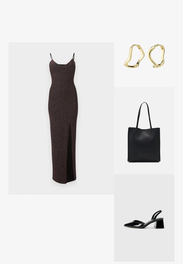 Blizganti, be rankovių maksi suknelė tamsiai burgundijos spalvos su aukštu rašku, turinti plonas juodas petnešas ir prigludusią siluetą.; Juodos lakuotos odinės šlepetės su smailiu pirštu ir geometriniu bloko kulnu. Turi elegantišką, minimalistinį dizainą ir lygų paviršių.; Juodas odinis tote krepšys su lygia tekstūra, stačiakampio formos ir dviem ilgais rankenomis. Matomų metalinių detalių ar puošybos nėra.; Auksiniai žiedeliai su sklandžiu, bangų formos dizainu. Lygus paviršius, atvira forma ir nematomi užsegimai. Minimalistinis ir modernus vaizdas.