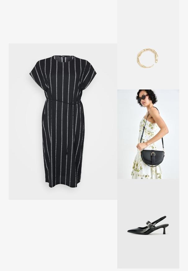 Juoda suknelė su vertikaliomis baltomis juostelėmis, trumpomis, apvaliais rankovėmis, elastinga juosmens juosta su juostele ir apvaliu iškirpimu. Pagaminta iš lengvos medžiagos.; Juodai lakuoti slingback aukštakulniai su smailiu kojų pirštu ir mažais blokiniais kulniukais, su sidabro sagtimi ant dirželio.; Juodas odinis krepšys su išlenkta forma, nuimamu dirželiu ir auksiniais detalėmis. Krepšys turi kilpą su sagtimi.; Auksinės spalvos žiedas, turintis organišką, sukimosi dizainą su lygiu paviršiumi ir siaurėjančiais galais, sukuriantis modernią skulptūrinę išvaizdą.