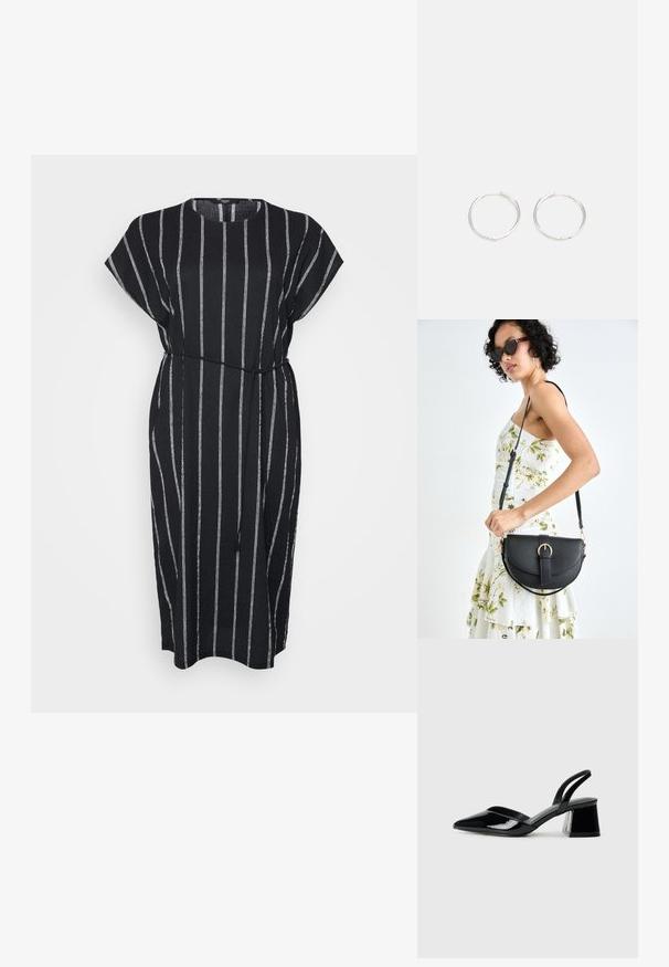 Fekete ruha függőleges fehér csíkokkal, rövid, csónaknyakú ujjal, rugalmas derékkal, amelynek megkötője van, és kerek nyakkivágással. Könnyű anyagból készült.; Fekete lakk bőr szandálkés magas sarkú cipő, hegyes orral és geometrikus tömbsarkakkal. Karcsú, minimalista dizájn és sima textúra jellemzi.; Fekete bőrtáska ívelt formával, levehető pánttal és arany színű fémrészekkel. A táskán egy csattal díszített fedél található.; Ezüst karika fülbevalók, letisztult, kerek formával, sima felülettel és látható díszítés nélkül. A átmérő nem megadott.