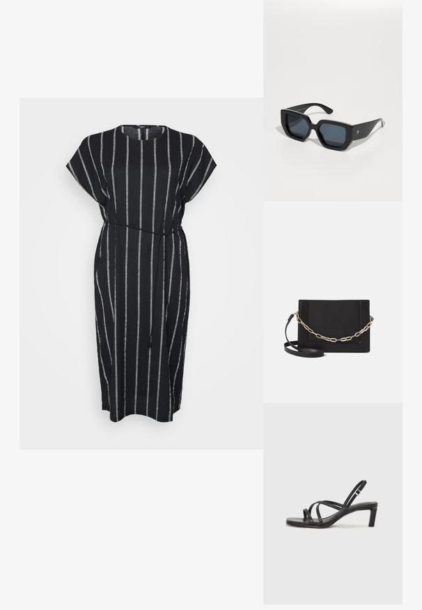 Rochie neagră cu dungi verticale albe, mâneci scurte cu capă, talie elastică cu cordon și decolteu rotund. Fabricată dintr-un material ușor.; Sandal cu barete negre, cu vârf pătrat și toc mic de bloc. Prezintă mai multe barete subțiri și o bareta ajustabilă la gleznă. Fabricat din piele netedă.; Ochelari de soare de mari dimensiuni, negri, cu un design geometric, lentile rectangulare și finisaj lucios. Fără branding vizibil pe față.; Geantă de umăr din piele neagră, cu o textură netedă, formă rectangulară și un detaliu din lanț metalic în față. Include curea reglabilă.