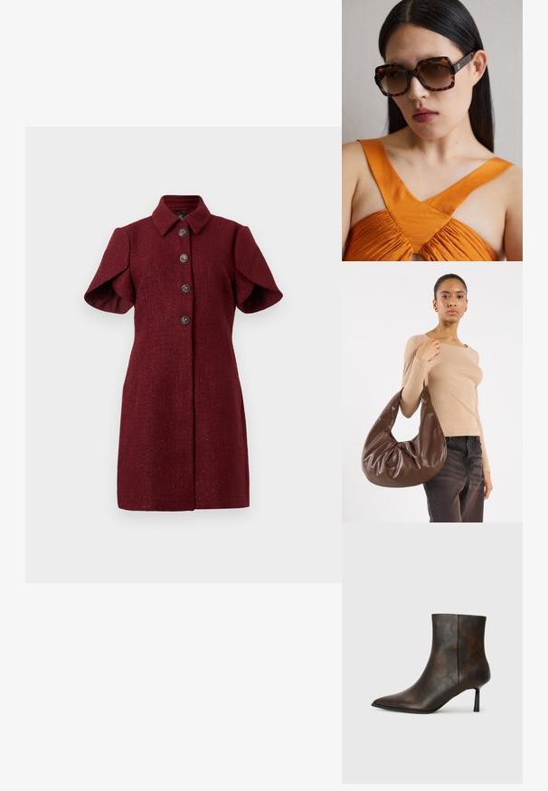 Burgunderfarbenes kurzärmeliges Mantelkleid mit spitzem Kragen und vier dekorativen silbernen Knöpfen vorne.; Braune Leder-Ankle-Boots mit spitzer Zehe, schlankem Design und dünnem schwarzen Absatz. Texturierte Oberfläche mit einem subtilen Muster.; Braune Schildkrötensonnenbrille im Übergrößenformat mit einem breiten rechteckigen Rahmen und gefärbten Gläsern. Goldfarbenes Logo-Detail an der Seite.; Braune Leder-Hobo-Tasche mit einem lässigen Design und glatter Textur. Von einem Modell leger getragen, mit einer großen Öffnung und runder Form.