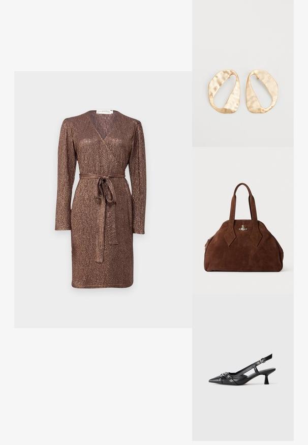 Hnědá lesklá wrap šaty s dlouhými rukávy, vázáním v pase a texturovanou tkaninou. Má výstřih ve tvaru V a délku po kolena.; Černé kožené slingback boty s špičatou špičkou, dekorativními pásky s kovovými očky a nízkým blokovým podpatkem. Texturovaný povrch.; Hnědá semišová kabelka se strukturovaným tvarem, zaobleným tělem a prodlouženými úchyty ve tvaru diamantu. Obsahuje stříbrné kování na zavírání.; Pár nepravidelných oválných náušnic z kovu pozlaceného zlatem s texturovaným, mírně kladivkovým povrchem na bílém pozadí.