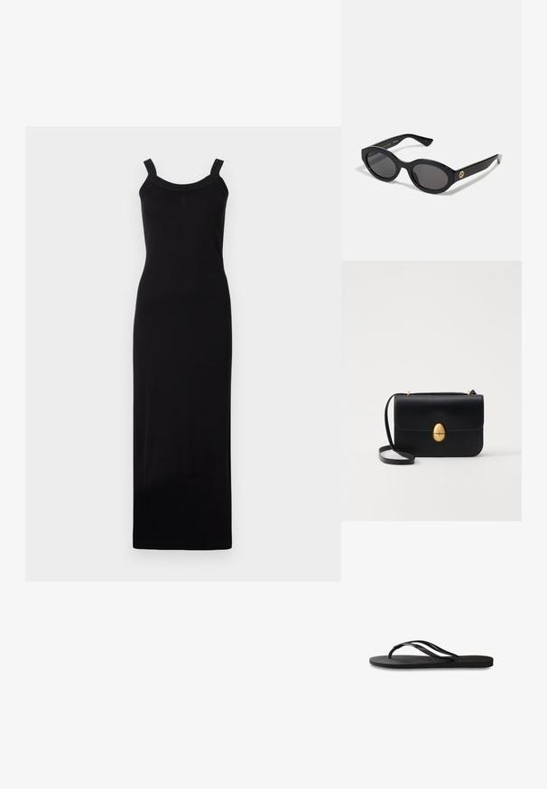 Vestido maxi preto, sem mangas, com silhueta ajustada, decote arredondado e alças texturizadas. Feito de tecido leve.; Chinelo preto com sola de borracha texturizada, duas tiras finas e um detalhe de logotipo discreto em relevo na tira.; Óculos de sol ovais pretos com lentes escuras e armação de plástico brilhante. Apresenta um logotipo dourado na haste, oferecendo um design elegante e moderno.; Bolsa de mão em couro preto com uma forma rectangular estruturada. Apresenta um fecho oval dourado e uma alça para o ombro fina. Textura suave.