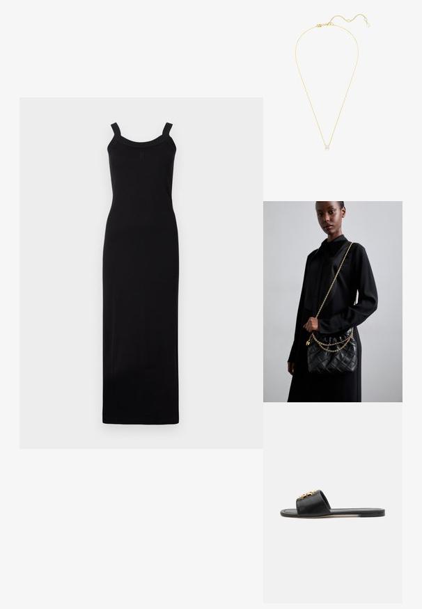 Fekete, ujjatlan maxi ruha, testhez simuló fazonnal, lekerekített nyakkivágással és textúrázott vállpántokkal. Könnyű anyagból készült.; Fekete bőr csúsztatós szandál, nyitott orral, lapos talppal és dekoratív arany díszítéssel a felsőrészen. Elegáns, sima textúrájú, minimális design.; Fekete steppelt bőr kézitáska gyűrt toppal, arany lánc vállpánttal és téglalap alakú formával, egyszerű háttér előtt tartva.; Arany láncos nyaklánc egyetlen gyémánt medállal, finom kialakítással és textúrázott lánccal, állítható hosszúsággal, amely a fényben csillog.