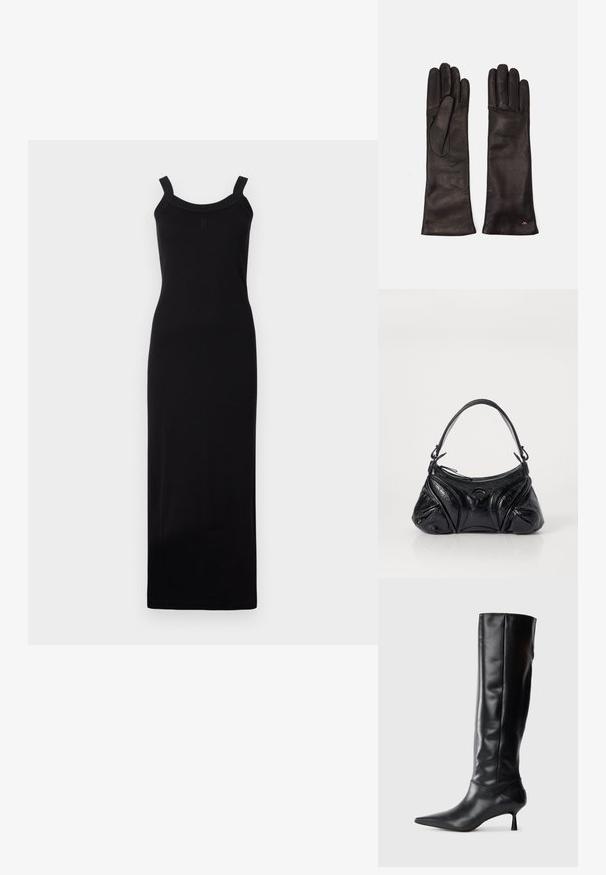 Maksimekko ilman hihoja mustana, jonka vartalonmyötäinen siluetti, syvään kaula-aukkoon ja teksturoidut olkaimet. Valmistettu kevyestä kankaasta.; Mustat nahkasaappaat polvipituisina, joissa on terävä kärki ja kapea kaareva korko. Suora pinta, tiukka muotoilu eikä näkyvää hardwarea tai kuvioita.; Musta käsilaukku, joka on valmistettu teksturoidusta nahasta ja jolla on pyöreä muoto. Sisältää ohuen olkahihnan ja koristeellisia kohokuvioituja kuvioita.; Weekend Max Mara SENAPE - Sormikkaat - nero