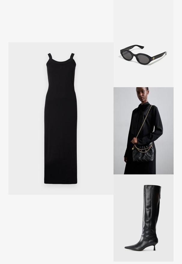 Maksimekko ilman hihoja mustana, jonka vartalonmyötäinen siluetti, syvään kaula-aukkoon ja teksturoidut olkaimet. Valmistettu kevyestä kankaasta.; Mustat nahkasaappaat polvipituisina, joissa on terävä kärki ja kapea kaareva korko. Suora pinta, tiukka muotoilu eikä näkyvää hardwarea tai kuvioita.; Mustat soikeat aurinkolasit tummilla linsseillä ja kiiltävästä muovista valmistetulla kehällä. Varustettu kullanvärisellä logolla temppeleissä, tarjoten tyylikkään ja modernin muotoilun.; Mustakvadratisti nahkakäsine, jossa on kerätty yläosa, kultaketjuolkaimet ja suorakaiteen muotoinen rakenne, pidettyä yksinkertaista taustaa vasten.