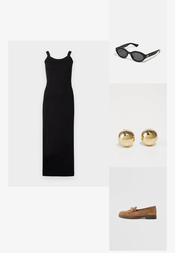 Must mustriga, ilma varrukateta maksikleit, millel on istuv siluett, ümar kaelus ja tekstureeritud õlapaelad. Valmistatud kergest kangast.; Tamaris Jalga libistatavad jalanõud - camel; Mustad mustad prillid tumedate läätsedega ja läikiva plastraamiga. Omab kuldset logo põlveosal, pakkudes stiilset ja kaasaegset disaini.; Kuldne ümarate stud-kõrvarõngad, millel on poleeritud viimistlus ja väike post. Omavad siledat tekstuuri ja peegeldavat pinda.