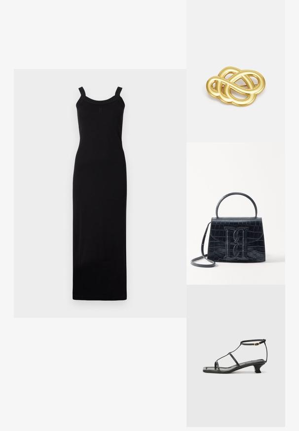 Čierna, bezrukávová maxi šaty s priliehavým strihom, okrúhlym výstrihom a štruktúrovanými ramienkami. Vyrobené z ľahkého materiálu.; Čierna kožená sandála so štvorcovou špičkou, tenkými popruhmi, nastaviteľným pásikom okolo členka a nízkym podpätkom. Obsahuje malý zlatý akcent na popruhu.; Čierna kabelka z krokodílovej embosovanej kože so štruktúrovaným dizajnom, horným uchom, nastaviteľným popruhom a výrazným predným logom.; Čierna kabelka z krokodílovej embosovanej kože so štruktúrovaným dizajnom, horným uchom, nastaviteľným popruhom a výrazným predným logom.; Brošňa v zlatej farbe s uzlovým dizajnom, hladkými, zakrivenými líniami a zložitým tvarom, ktorá odráža leštený povrch.