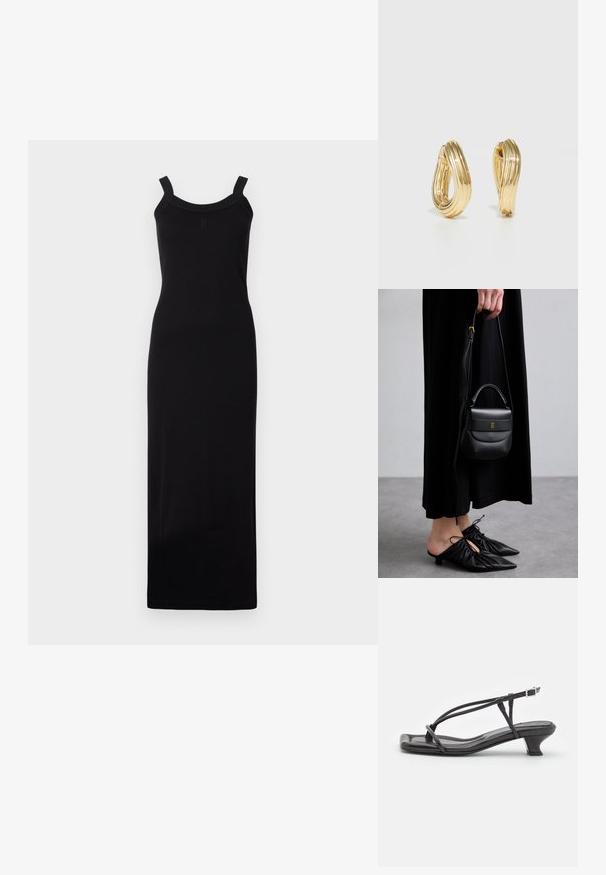 Czarna, bezrękawnikowa sukienka maxi o dopasowanym kroju, z okrągłym dekoltem i teksturowanymi ramiączkami. Wykonana z lekkiej tkaniny.; Czarne skórzane sandały z cienkimi paskami, niskim blokowym obcasem i kwadratowym noskiem. Posiadają zapięcie na klamrę i gładką teksturę.; Mała czarna skórzana torebka o zaokrąglonym kształcie, z uchwytem na górze i odpinanym paskiem. Noszona z czarną sukienką materiałową i czarnymi plisowanymi butami.; Kolczyki w kształcie kół w kolorze złotym z kręconym wzorem, posiadające żebrowaną fakturę i gładkie wykończenie. Lekkie i puste w środku.
