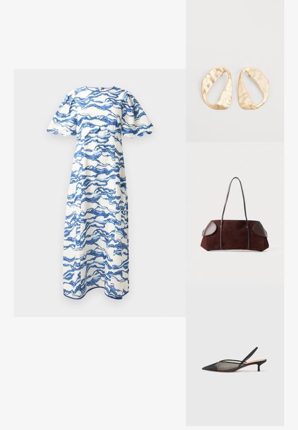 Hofmann Copenhagen NERINA - Jurk - sea blue print; NEOUS IRENA - Klassieke pumps - black; Bruine suède tas met leren accenten, gestructureerde vorm, dubbele schouderbanden en ronde randen, met een gladde textuur en minimale hardware.; Een paar onregelmatig ovale, gouden metalen oorbellen met een gestructureerd, lichtgehamerd oppervlak op een witte achtergrond.