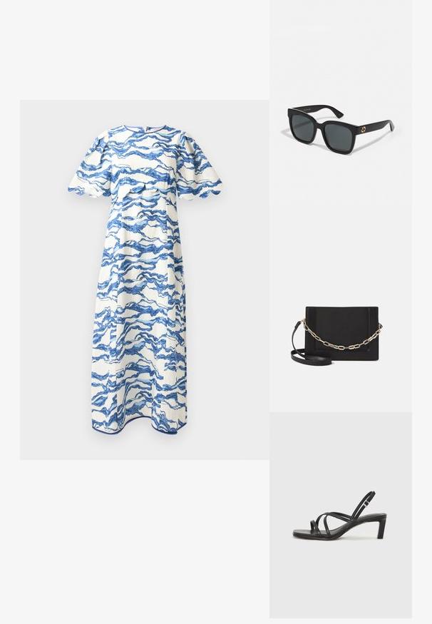 Hofmann Copenhagen NERINA - Päevakleit - sea blue print; Mustast rihmajalatsid ruudukujulise varba ja madala ploki kontsaga. Omab mitmeid õhukesi rihmasid ja reguleeritavat pahkluu rihma. Valmistatud siledast nahast.; Mustad mustad prillid, millel on ristkülikukujulised objektiivid, läikiv viimistlus ja kuldsed logo aktsendid jalanurkades. Tumeda halli värvi objektiivid pakuvad UV-kaitset.; Mustast nahast õlakott, mis omab siledat tekstuuri, ristküliku kuju ning esiküljel metallketi detaili. Reguleeritav rihm on kaasas.