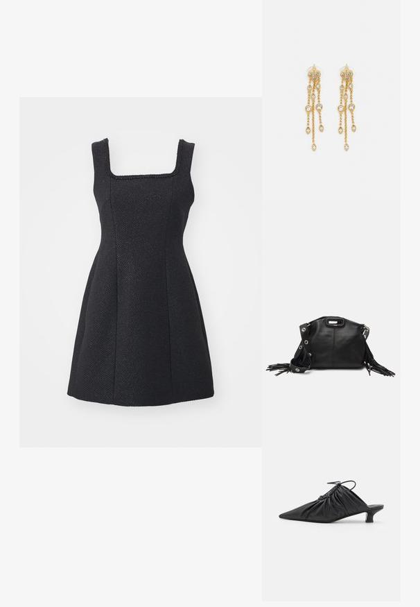 Melns kleita ar kvadrātveida dekoltē un teksturētu audumu. Pieguļoša augšdaļa, kas pāriet izplestā svārkā. Nav redzamu rakstu vai rotājumu.; Melnas ādas slīdējošās muļas ar piltuves formu, sakopotu tekstūru un mazu kaķu papēdi. Iezīme ir aukliņas detaļa pie atvēruma.; Maje MISS MINI - Plecu soma - noir; Zelta tonī auskari ar vairākiem kaskādes ķēdēm, kas rotāti ar caurspīdīgiem ovāliem rhinestone akcentiem un dekoratīvām pīrsingiem.