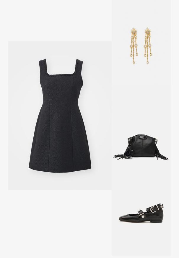 Fekete ruha négyzet alakú dekoltárral és texturált anyaggal. Testhez simuló felsőrész, amely egy bővülő szoknyába torkollik. Nincsenek látható minták vagy díszítések.; Fekete lakkbőr lapos cipő négyzet alakú orral, ezüst hardware-rel ellátott bokapánttal és lapos talppal. Simaságával és minimalista dizájnjával kiemelkedő.; Maje MISS MINI - Keresztpántos táska - noir; Aranyszínű fülbevalók, több zuhanó lánccal, tiszta ovális strasszköves díszítéssel és dekoratív fülbevaló tetejével.