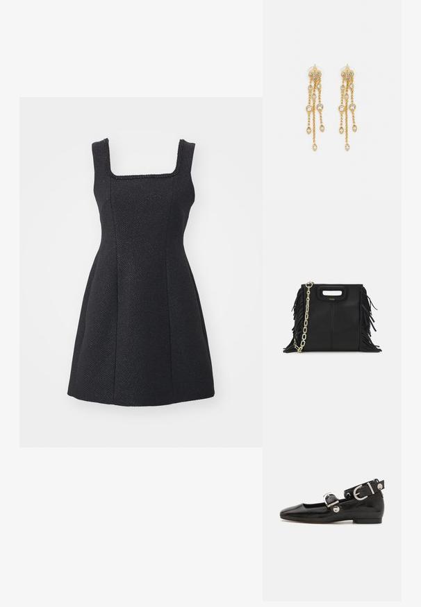 Fekete ruha négyzet alakú dekoltárral és texturált anyaggal. Testhez simuló felsőrész, amely egy bővülő szoknyába torkollik. Nincsenek látható minták vagy díszítések.; Fekete lakkbőr lapos cipő négyzet alakú orral, ezüst hardware-rel ellátott bokapánttal és lapos talppal. Simaságával és minimalista dizájnjával kiemelkedő.; Fekete bőr kézitáska, frufrus részletekkel, arany láncos vállpánttal és kivágott fogantyúval. Az elülső részen logó található.; Aranyszínű fülbevalók, több zuhanó lánccal, tiszta ovális strasszköves díszítéssel és dekoratív fülbevaló tetejével.