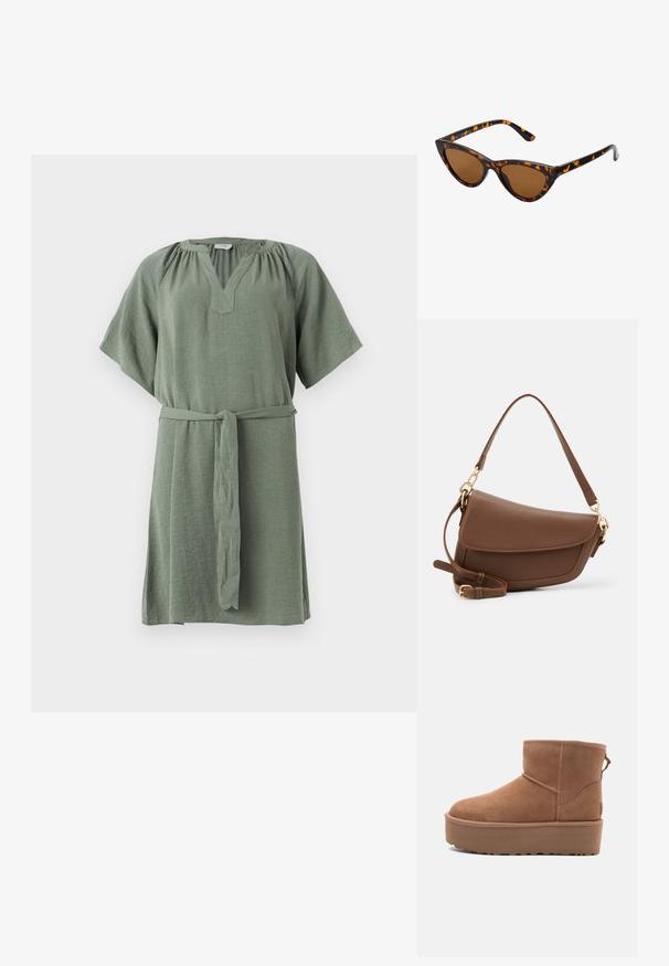 Trumpas rankovėmis, iki kelių ilgio suknelė iš minkštos žalios medžiagos, su V formos iškirpte, susirinkusiomis petnešomis ir nuimamu juosmens diržu, leidžiančiu reguliuoti prigludimą.; Smėlio spalvos zomšiniai kulkšninių batai su platformos padu, apvaliu nosiu ir siuvinėjimo akcentais; turi kilpos užpakalinėje dalyje, kad būtų lengviau užsidėti.; Katės akies saulės akiniai su juodu ir oranžiniu šarvuotu rėmeliu, ruda objektyvu ir elegantiškais, smailiais galiukais. Rėmelyje yra minimalus logotipas ant šventės.; Ruda odinė petinė kuprinė su tekstūrine apdaila, išlenkta forma, auksinės spalvos aksesuarai, reguliuojama juosta ir dangtis.