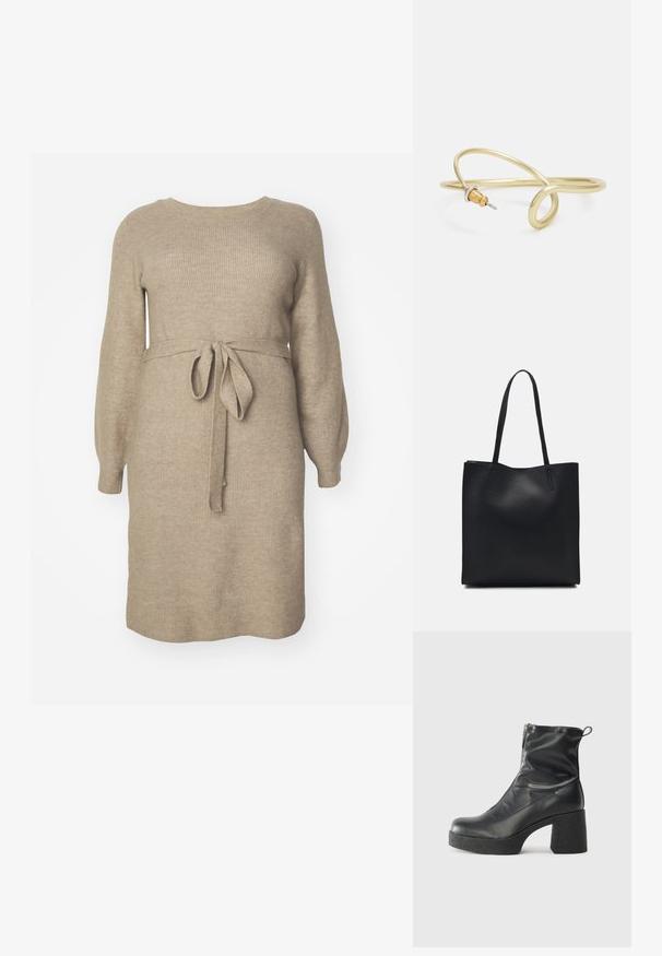 Knit dress in light beige with a ribbed texture. Features long sleeves, a rounded neckline, and a fabric belt tied at the waist.; Black ankle boots made of smooth leather, featuring a side zipper, chunky textured heel, and rounded toe design.; Black leather tote bag with smooth texture, rectangular shape, and two long handles. No visible hardware or embellishments.; Gold-colored metal bracelet with fluid, curvy design. Features a small, prominent, silver-colored accent at one end.