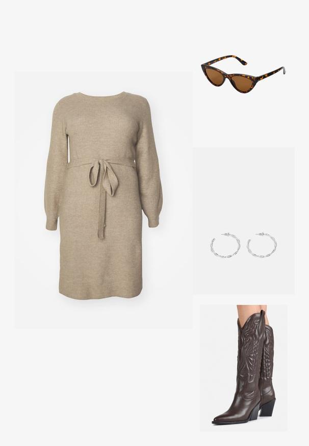 Robe en tricot beige clair avec une texture côtelée. Dispose de manches longues, d'un col rond et d'une ceinture en tissu nouée à la taille.; Bottes de cowboy en cuir marron avec un bout pointu et un talon bloc, présentant des coutures détaillées et des accents en relief sur la tige.; Lunettes de soleil style œil de chat avec une monture en écaille de tortue noire et orange, verres marron et pointes effilées et élégantes. Présente un logo minimaliste sur la branche.; Boucles d'oreilles en argent en forme de créoles avec un design torsadé, dotées d'une finition polie et d'une fermeture à poussoir. Mesurent environ 3 cm de diamètre.