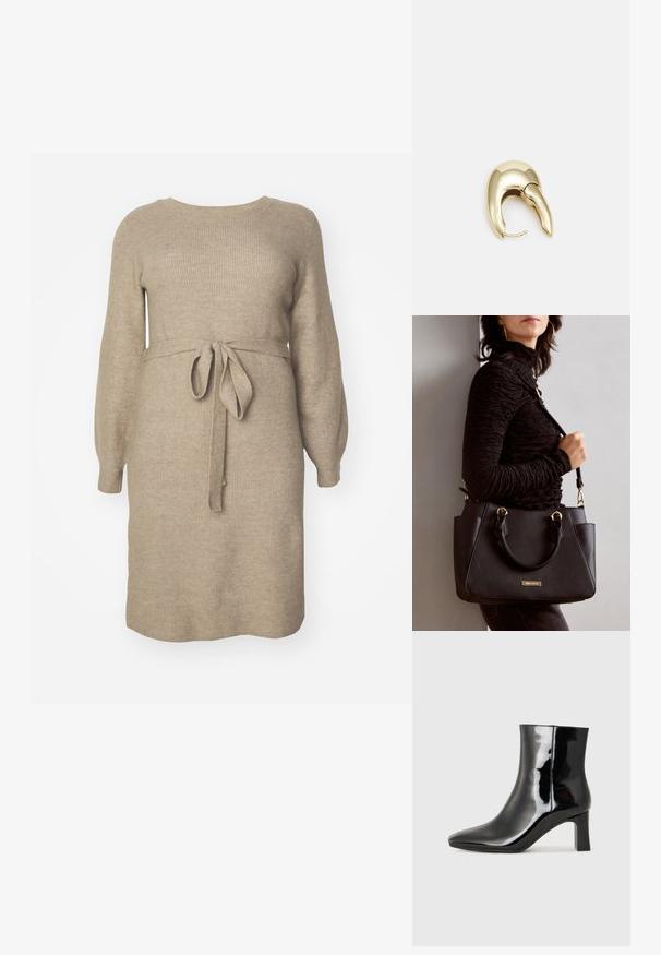 Kootud kleit heledas beežis, ribastatud tekstuuriga. Omab pikki varrukaid, ümmargust kaelust ja kangast vööd, mis on seotud vöökohtade ümber.; Must-sinine nahkjalats musta läikiva viimistlusega, millel on terav nina ja keskmise kõrgusega plokk konts. Sile tekstuur ja minimalistik disain.; Musthave must kott, millel on tekstuurne pind, kaks ülemist käepidet ja reguleeritav õlarihm. Omab kuldse tooni riistu ja külgtaskuid.; Kuldtooni metallist kõrvarõngas, millel on elegantne ja kaarjas disain. Omab silmapaistvat teravat kuju, poleeritud pinda ja hingesulgemist.