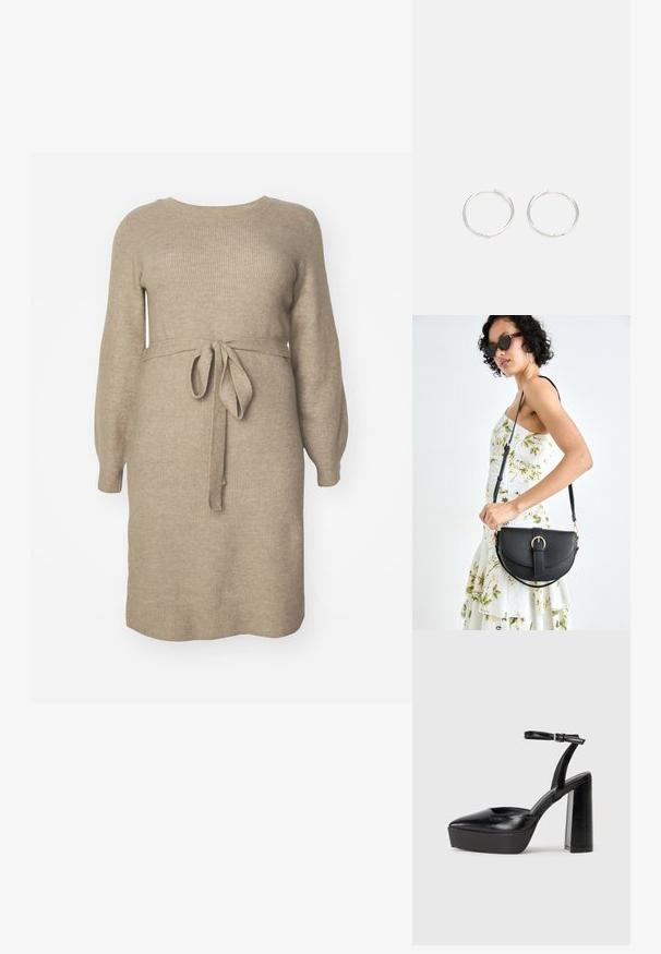 Rochie tricotată în bej deschis cu o textură ribbată. Prezintă mâneci lungi, un gât rotund și o curea din material legată la talie.; Pantofi cu toc platformă negri, cu vârful ascuțit și curea reglabilă la gleznă. Confecționați din piele netedă, având un toc gros.; Geantă din piele neagră, cu o formă curbată, curea detașabilă și accesorii aurii. Geanta are un capac cu un detaliu tip cataramă.; Cercei din argint cu un design elegant și rotund, având o suprafață netedă și fără embellismente vizibile. Diametrul nu este specificat.