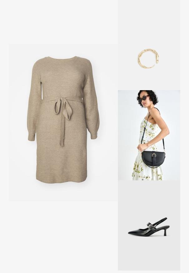 Strickkleid in hellbeige mit gerippter Textur. Verfügt über lange Ärmel, einen runden Ausschnitt und einen Stoffgürtel, der auf Taillenhöhe gebunden ist.; Schwarze Lackleder Slingback-Absätze mit spitzem Zeh und kleinem Blockabsatz, ausgestattet mit einem silbernen Schnallenakzent am Riemen.; Schwarze Lederhandtasche mit geschwungener Form, abnehmbarem Tragegurt und goldenen Beschlägen. Die Tasche verfügt über einen Deckel mit einer Schnallen-Details.; Goldfarbener Ring mit einem organischen, gedrehten Design, glatter Oberfläche und sich verjüngenden Enden, was ein modernes, skulpturales Erscheinungsbild erzeugt.