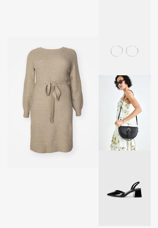 Knit dress in light beige with a ribbed texture. Features long sleeves, a rounded neckline, and a fabric belt tied at the waist.; Black patent leather slingback heels with a pointed toe and a geometric block heel. Features a sleek, minimal design and smooth texture.; Black leather handbag with a curved shape, detachable strap, and gold hardware. The bag features a flap with a buckle detail.; Silver hoop earrings with a sleek, round design, featuring a smooth surface and no visible embellishments. Diameter not specified.