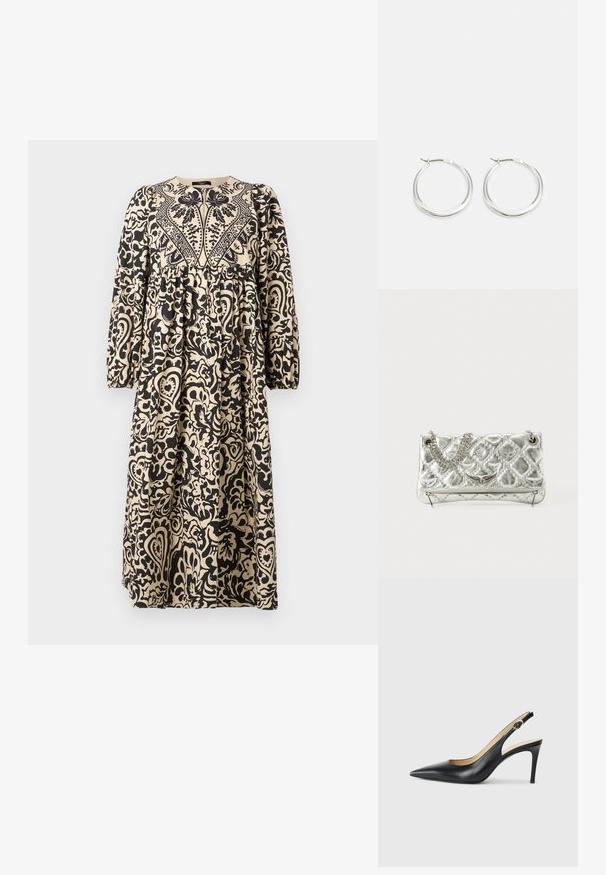 Robe à manches longues, de longueur maxi, ornée d'un motif floral noir sur fond crème ; décolleté rond et taille froncée.; Escarpins en cuir noir avec une pointe fine, une bride ajustable et un talon aiguille élégant, présentant une finition lisse.; Sac à main en métal argenté avec une poignée en chaîne, texture matelassée, couture décorative et fermeture éclair. Présente des accents embossés sur le devant.; Les boucles d'oreilles en argent en forme de créole présentent un design lisse et arrondi avec un profil fin et un fermoir sécurisé. Style minimaliste avec une finition polie.