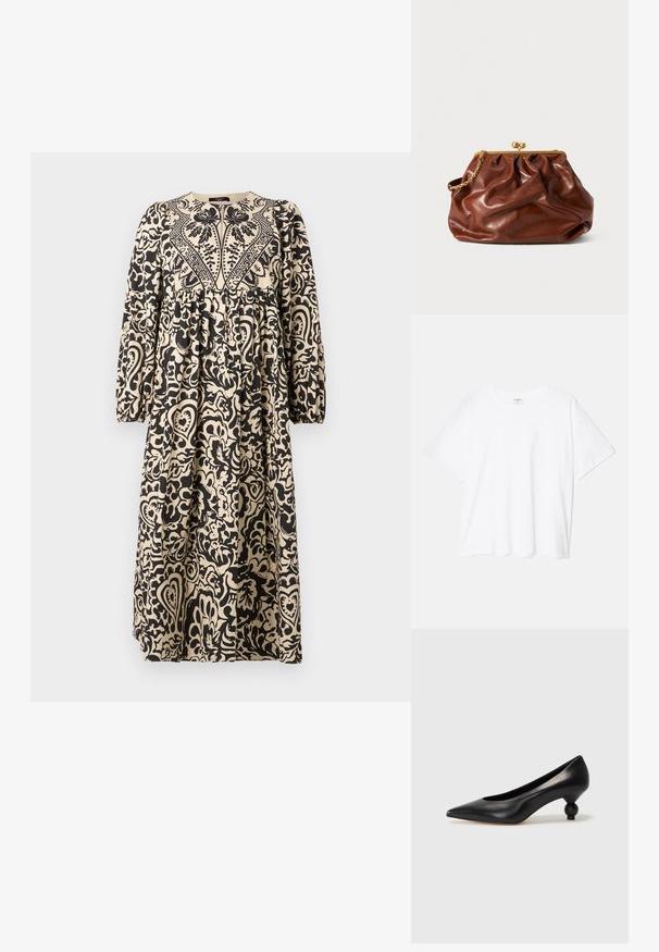 Abito lungo a maniche lunghe con un motivo floreale nero su sfondo crema; scollatura rotonda e design con vita arricciata.; T-shirt bianco in cotone con maniche corte, scollo rotondo, vestibilità comoda e orlo cucito. Etichetta visibile all'interno del colletto.; Scarpa con tacco alto in pelle nera, con punta affilata e tacco arrotondato e bombato. Texture liscia con un design elegante e minimalista.; Borsa a mano in pelle marrone con chiusura dorata e manico a catena corto dorato, caratterizzata da una morbida texture arricciata su sfondo bianco.