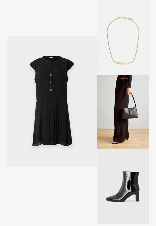 Czarna sukienka z krótkimi bufkami, z marszczonym wzorem, pięcioma złotymi guzikami oraz dopasowanym wcięciem w talii i swobodną spódnicą.; Czarne lakierowane botki za kostkę z wysmukłym noskiem i średniej wysokości obcasem w kształcie słupka. Gładka tekstura i minimalistyczny design.; Czarna torebka o usztywnionym kształcie, gładkiej fakturze i metalowym zapięciem. Połączona z szerokimi czarnymi spodniami i sandałami na otwartym palcu na drewnianej podłodze.; Złocony naszyjnik z gładkim, zakrzywionym centralnym akcentem. Posiada elastyczny łańcuszek z zapięciem typu homar oraz dodatkowymi regulowanymi ogniwami łańcucha.