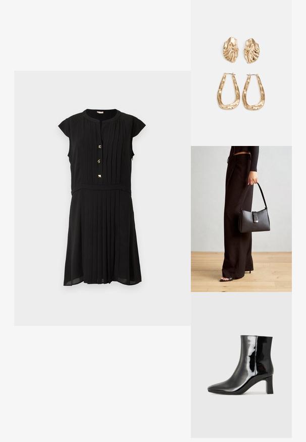 Crna haljina s kratkim cap rukavima, s nabranim dizajnom, pet zlatnih dugmadi i strukom koji se dobro uklapa uz lepršavu suknju.; Crne lakirane kožne gležnjače s šiljastim prstom i srednje visokom blok petom. Glatka tekstura i minimalistički dizajn.; Crna torba s oblikom koji sadrži strukturu, glađu teksturu i metalnu kopču. Uparena s širokim crnim hlačama i sandalama na otvorenom s drvenog poda.; Naušnice zlatne boje s teksturiranim, valovitim oblicima. Uključuju skulpturalne kopče i dizajn otvorene kružnice s kovanom završnom obradom.