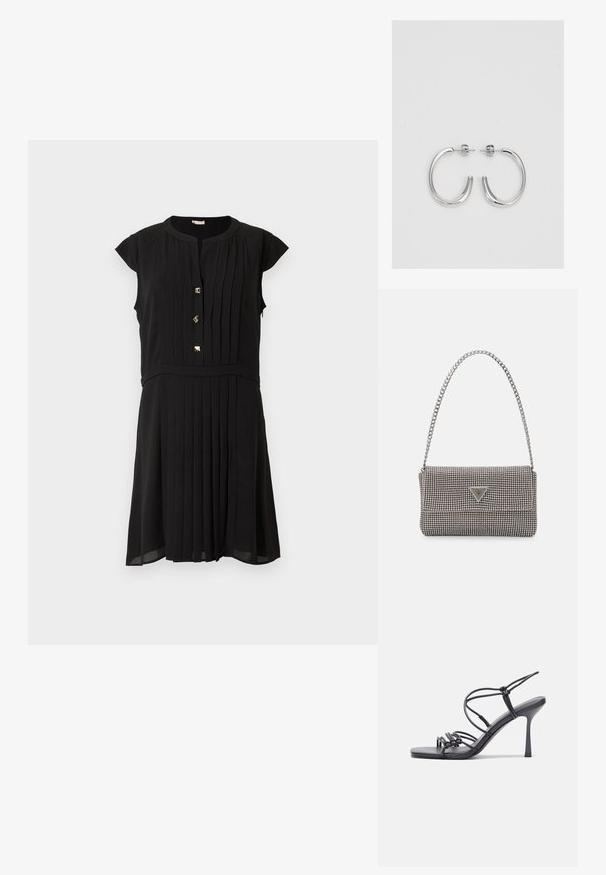 Melna kleita ar īsām piedurknēm, kurai ir plisēts dizains, pieci zelta toņu pogas un pieguļošs viduklis ar plūstošu svārku.; Melnas augstpapēžu sandales ar plāniem siksniņām un mezgla dizainu, gluda kvadrātveida purngalu un elegantu stiletto papēdi.; Gaiši pelēka metāla rokassoma ar ķēdes siksnu, rotāta ar mazām apaļām metāla kniedēm un trīsstūra zīmola logo.; Sudraba riņķveida auskari ar gludu, spīdīgu apdari. Apaļas formas, viegla dizaina, ar aizdari uz stieples.