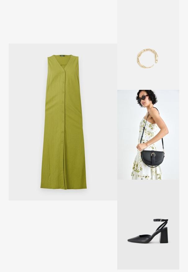 Zelena bezrukavna maksi haljina s V-izrezom, koja se zatvara s gumbima sprijeda i ima okomitu rebrastu teksturu. Izrađena od mekog, laganog materijala.; Crne kožne cipele s špicastim vrhom, remenom oko gležnja i debelim potplatom. Ravna tekstura, elegantan dizajn i minimalistička estetika.; Crna kožna torba s lukovitim oblikom, odvojivim remenom i zlatnim detaljima. Torba ima preklop s kopčom.; Prsten u zlatnoj nijansi s organskim, uvijenim dizajnom, glatkom teksturom i suženim krajevima, koji stvara moderan, skulpturalni izgled.