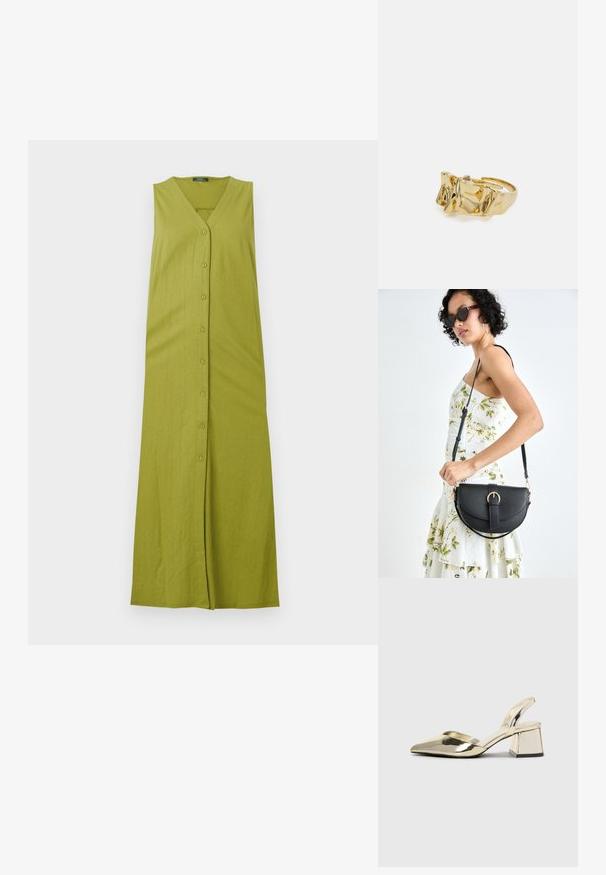 Vihreä ilman hihoja maxi-mekko, jossa on V-pääntie, painonappikiinnitys ja pystyraidoitettu pinta. Valmistettu pehmeästä, kevyestä kankaasta.; Kultaiset, metalliset slingback-kengät, joissa on teräväkärkiset ja paksut korot. Sileä pinta, minimalistinen muotoilu ja kapea hihna.; Musta nahkainen käsilaukku, joka on kaareva muotoilultaan, irrotettavalla hihnalla ja kultaisilla yksityiskohdilla. Laukussa on läppä, jossa on solk yksityiskohta.; Kullanışlı bir ayarlanabilir yüzüğe sahip, üç belirgin zirveye sahip dokulu, dalgalı düzene sahip altın yüzük. Düzgün, parlak yüzey ve açık bant ile tasarlanmış.
