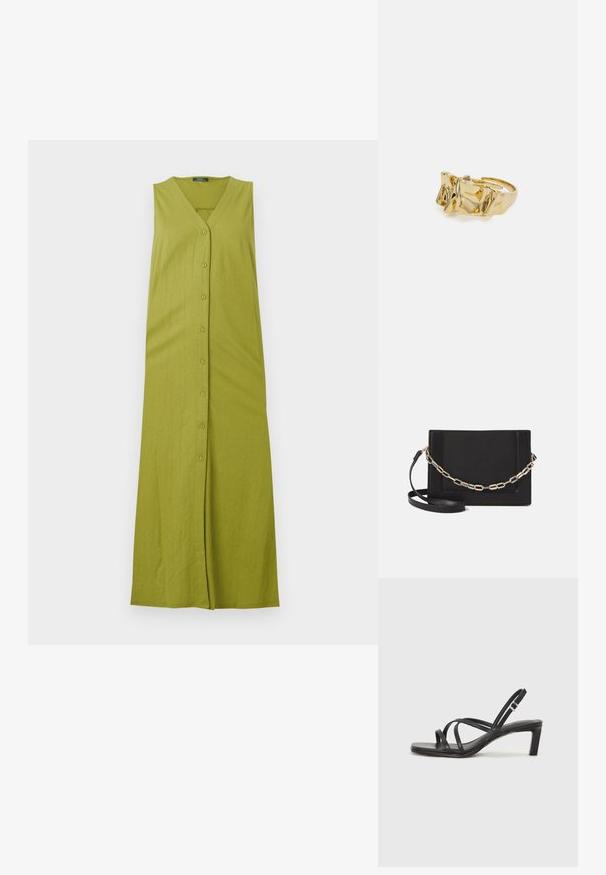 Roheline ilma varrukatega maxi kleit V-kaelusega, millel on nööpide eesosa ja vertikaalne ribatekstuur. Valmistatud pehmest ja kergest kangast.; Mustast rihmajalatsid ruudukujulise varba ja madala ploki kontsaga. Omab mitmeid õhukesi rihmasid ja reguleeritavat pahkluu rihma. Valmistatud siledast nahast.; Mustast nahast õlakott, mis omab siledat tekstuuri, ristküliku kuju ning esiküljel metallketi detaili. Reguleeritav rihm on kaasas.; Kuldne sõrmus tekstureeritud, lainelise disainiga, millel on kolm silmapaistvat tippu. Sile, läikiv pind ja avatud riba, mis võimaldab reguleeritavat sobivust.