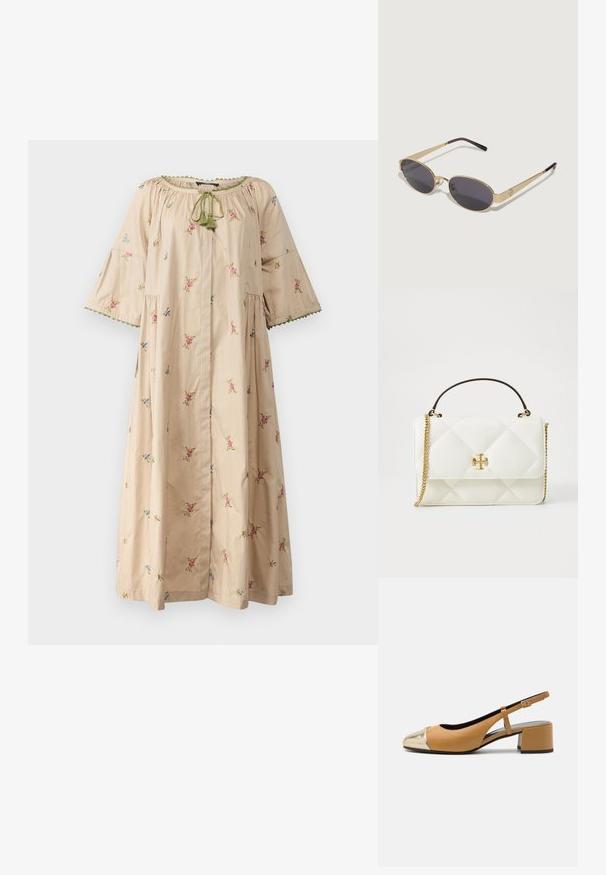 WEEKEND MaxMara TASO - Freizeitkleid - sabbia; Helle Leder-Slingback-Pumps mit einer metallisch goldenen Kappenzehe, ausgestattet mit einem Blockabsatz und einem schmalen verstellbaren Riemen. Glatte Textur mit minimaler Detailierung.; Sonnenbrille mit goldfarbenem Metallrahmen und ovalen, dunklen Gläsern. Schlanke Bügel gehen in lila Spitzen über. Auffälliges Logo-Detail an der Seite.; Weiße, gesteppten Handtasche mit goldenen Beschlägen, ausgestattet mit einem Kettenriemen und einem kurzen Griff. Enthält ein auffälliges dekoratives Logo auf der Vorderseite.