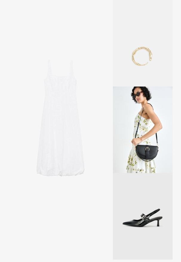 Abito bianco senza maniche con scollatura quadrata, forma A-line, tessuto texture e orlo arricciato.; Décolleté neri in vernice con punta affilata e tacco a blocco piccolo, dotati di un accentuato con fibbia argentata sulla cinturino.; Borsa a tracolla nera in pelle con una forma curva, manico rimovibile e accessori dorati. La borsa presenta una patta con un dettaglio a fibbia.; Anello in tono oro con un design organico e Twisted, caratterizzato da una superficie liscia e punte affusolate, che crea un aspetto moderno e scultoreo.