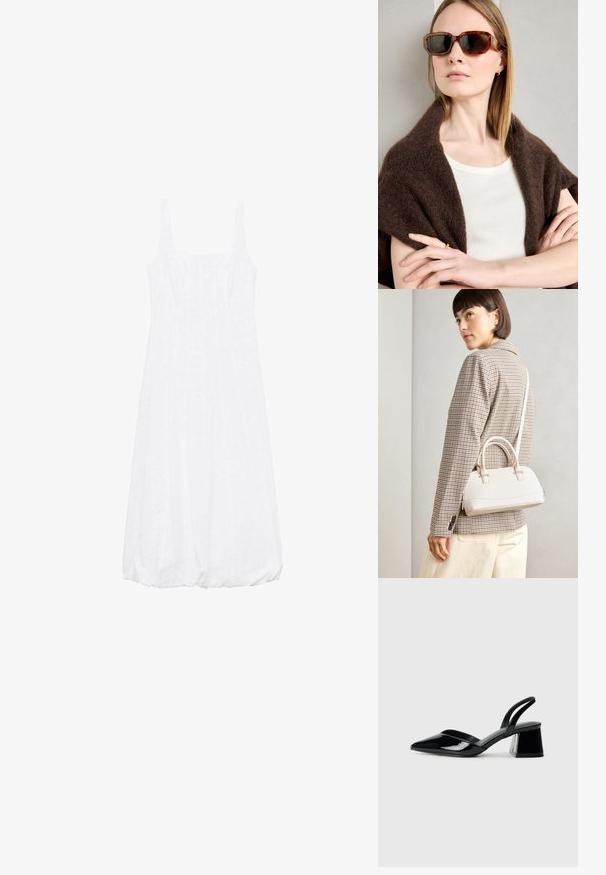 Valkoinen, hihaton mekko neliön muotoisella pääntiellä, A-linjainen malli, teksturoitu kangas ja kerätty helmaviimeistely.; Mustat patentoitu nahkakengät, joissa on säären takaosa ja terävä kärki, sekä geometrinen palikkakorko. Sisältää tyylikkään, minimalistisen muotoilun ja sileän pinnan.; Ruskean kilpikonnakuosiset aurinkolasit kulmikkailla kehyksillä, tummilla linsseillä ja metallikoristeilla. Yhdistettynä vaaleaan paitaan ja tummaseen huiviin.; Valkoinen rakenteellinen käsilaukku, jossa on lyhyet kahvat ja olkahihna, varustettu kultaisilla metalliosilla ja tekstuurilla, esillä harmaata taustaa vasten.