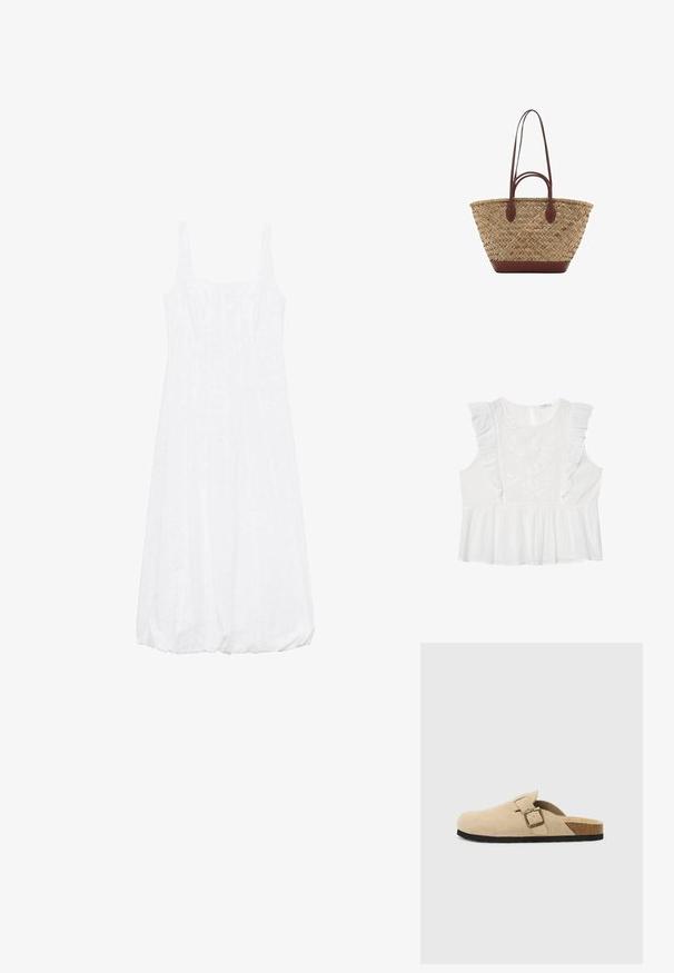Weißes ärmelloses Kleid mit quadratischem Ausschnitt, A-Linien-Form, strukturiertem Stoff und gerafftem Saum.; Weißes ärmelloses Oberteil mit gestickten Blumenmustern, Rüschendetails an den Schultern und einem gerafften Peplum-Saum. Schlüssel-Loch-Verschluss hinten.; Beige Wildleder-Slipper mit einem Korkfußbett, runder Zehenpartie und einem einfachen Riemen mit einer goldfarbigen Schnalle. Gummi-Sohle für besseren Halt.; Geflochtene Strohttasche mit geflochtener Textur, dunkelbraunen Ledergriffen und Boden, breiter runder Form und offenes Oberteil.