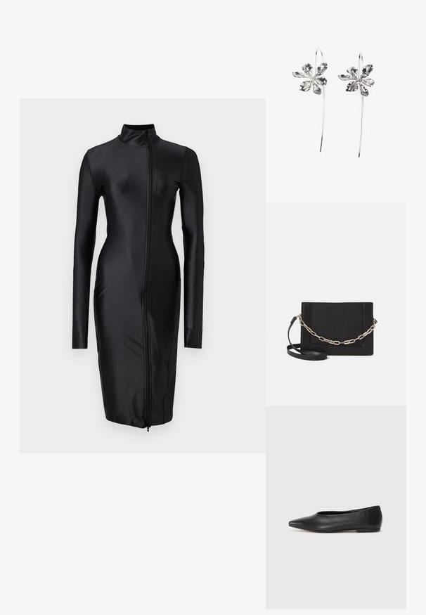 Vestido preto de mangas longas, feito de um tecido liso e elástico; apresenta um colarinho alto e um fecho de correr na parte da frente.; Bailarina de couro preto, bico fino, design minimalista, textura suave, salto baixo, sem hardware ou embelezamentos visíveis.; Bolsa crossbody de couro preto com uma textura suave, forma retangular e um detalhe em corrente metálica na frente. Inclui uma alça ajustável.; Brincos em forma de flor prateados com um acabamento texturizado, apresentando ganchos longos e detalhes semelhantes a pétalas para um design intrincado.