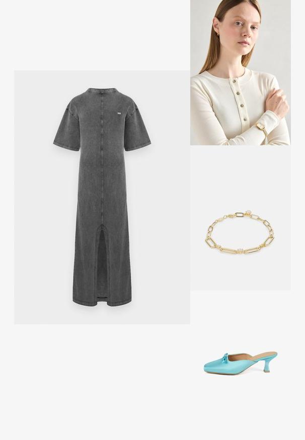 Graues Denim-Maxikleid mit kurzen Ärmeln, rundem Ausschnitt, seitlichem Schlitz und dezentem Logo-Detail über der Rückennaht.; Aqua Satin Mule mit eckiger Zehenpartie, akzentuiertem Schleifendetail und einem kurzen, dicken Absatz. Glatte Textur und minimalistisches Design.; Cremfarbener, gerippter Langarmtop mit fünf Knöpfen. Das Modell trägt eine goldene Uhr mit quadratischem Ziffernblatt und Kettenarmband.; Goldkette Armband mit länglichen Gliedern, klaren Edelsteinakzenten und einem Karabinerverschluss, mit einer glatten, polierten Oberfläche.