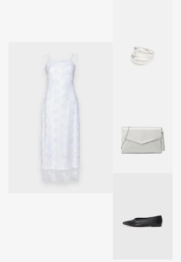 Biela maxi šaty s nastaviteľnými šnúrkami na ramienkach, so štruktúrovanými kvetinovými aplikáciami a polopriesvitnou sukňou, jednoduchá silueta a lem.; Čierne kožené baletky, špicatý špička, minimalistický dizajn, hladká textúra, nízky podpätok, bez viditeľných prvkov alebo ozdôb.; Strieborná syntetická kožená listová taška s dizajnom obálky, reťazovým ramenným popruhom a detailom strapca na jednej strane, s ostrými švami.; Strieborný prsteň s dvojitým pásikom s hladkým, lesklým povrchom. Má plynulý, zakrivený dizajn s prekryvajúcimi sa časťami pre moderný vzhľad.