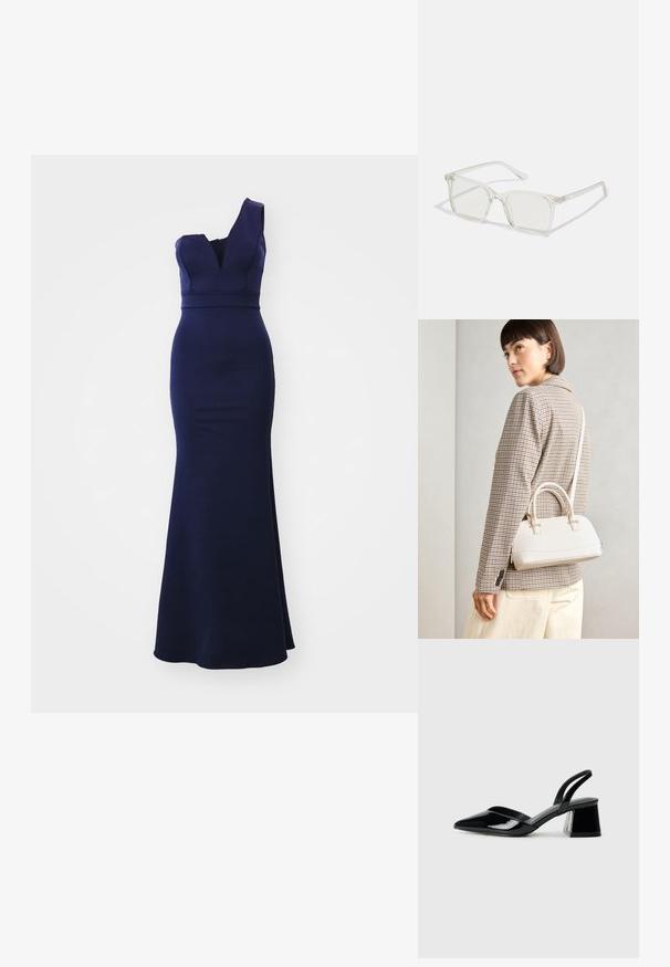 WAL G. WEDDING GIGI ONE SHOULDER MAXI - Džersio suknelė - navy blue; Juodos lakuotos odinės šlepetės su smailiu pirštu ir geometriniu bloko kulnu. Turi elegantišką, minimalistinį dizainą ir lygų paviršių.; Permat nuleidžiai skaidrūs kvadrato formos akinius su permatomais lęšiais, kurie turi auksines detales ant šventyklų.; Balta struktūruota rankinė su trumpomis rankenomis ir peties diržu, su auksinėmis detalėmis ir tekstūruota medžiaga, pastatyta prieš pilką foną.