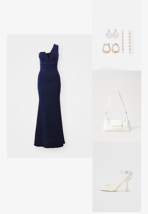 WAL G. WEDDING GIGI ONE SHOULDER MAXI - Žerzejové šaty - navy blue; Bílé kožené sandály na vysokém podpatku s tenkými řemínky, elegantním designem, průhledným blokovým podpatkem a dekorativním prvkem na špičce.; Bílá syntetická kabelka v trojúhelníkovém tvaru, s plochým předním klopným víkem a detailem mašle, nastavitelným popruhem, hladkým povrchem a minimalistickým designem.; Tři páry náušnic: velké bílé perlové naušnice, zlaté kruhové naušnice s průhlednými drahokamy a dvě dlouhé, rovné zlaté naušnice s třpytivými detaily.
