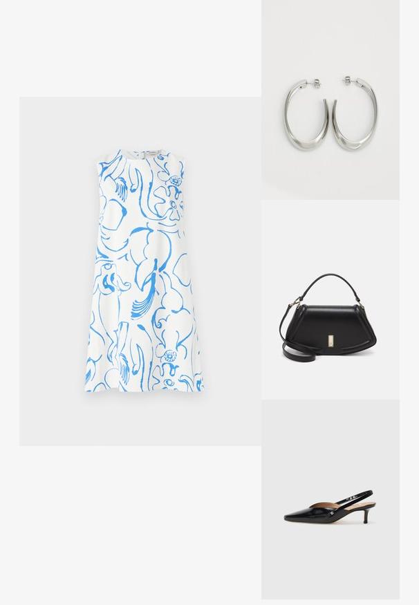 Fehér, ujj nélküli ruha, amely kék absztrakt virágmintával díszített. Kerek nyakkivágás és bő, A vonalú sziluett, látható záródás nélkül.; Fekete lakkbőr slingback pump, hegyes orral, kisméretű sarokkal és kivágott dizájnnal a vamp részen. Arany színű kiegészítő az oldalon.; Fekete bőr kézitáska, strukturált dizájnnal, rövidített formával, felső fogantyúval és arany színű kiegészítőkkel. Állítható vállpánt is tartozik hozzá.; Ezüst karika fülbevalók sima, ívelt formával. Fényes fémes felülettel és tűs zárral rendelkeznek. Nincsenek látható minták vagy kiegészítők.