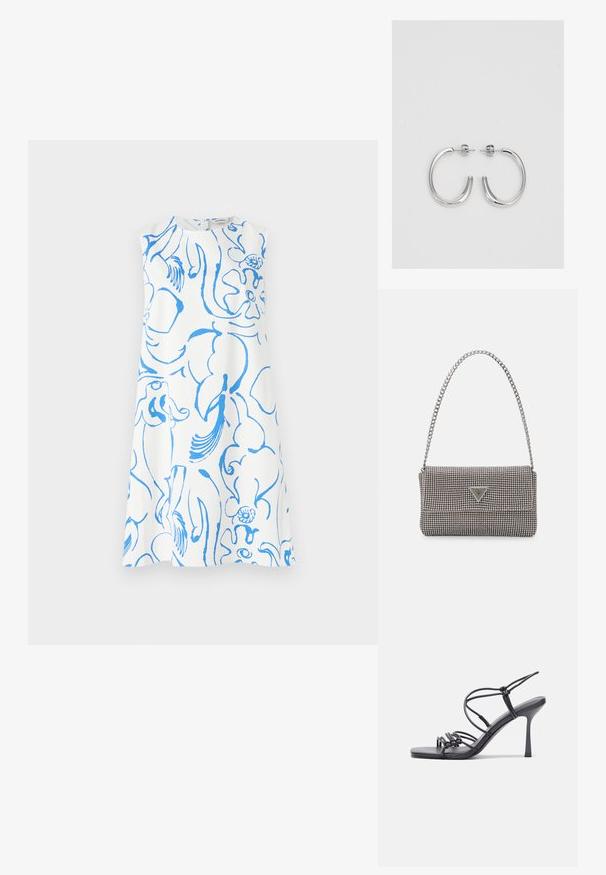 Fehér, ujj nélküli ruha, amely kék absztrakt virágmintával díszített. Kerek nyakkivágás és bő, A vonalú sziluett, látható záródás nélkül.; Fekete magas sarkú szandálok vékony pántokkal, csomózott mintával, sima négyzetes orral és karcsú stiletto sarkal rendelkeznek.; Világosszürke fémes kézitáska lánc pánttal, kis kör alakú fém kifinomult díszítéssel és háromszög alakú márkagéppel.; Ezüst karika fülbevalók sima, fényes felülettel, ívelt formával és postazáras zárral. Minimalista, modern kivitel.